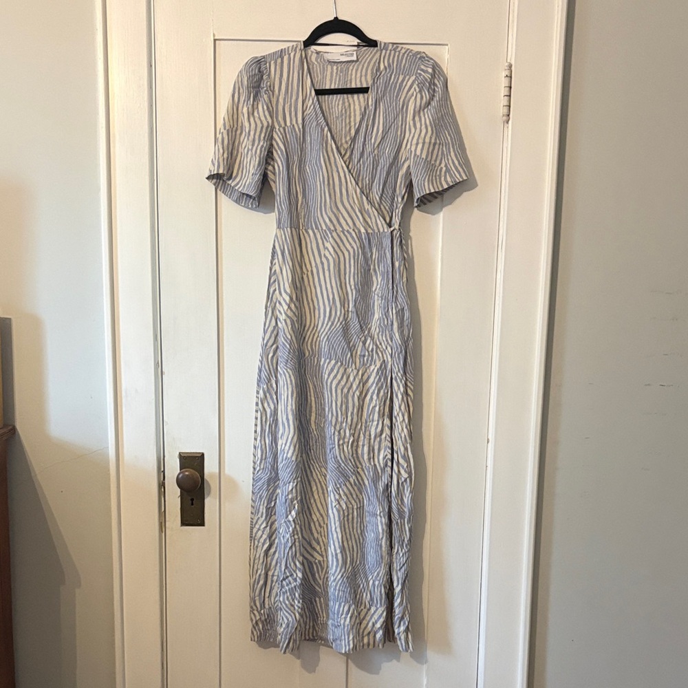 Elegant Lilac and White Striped Wrap Dress